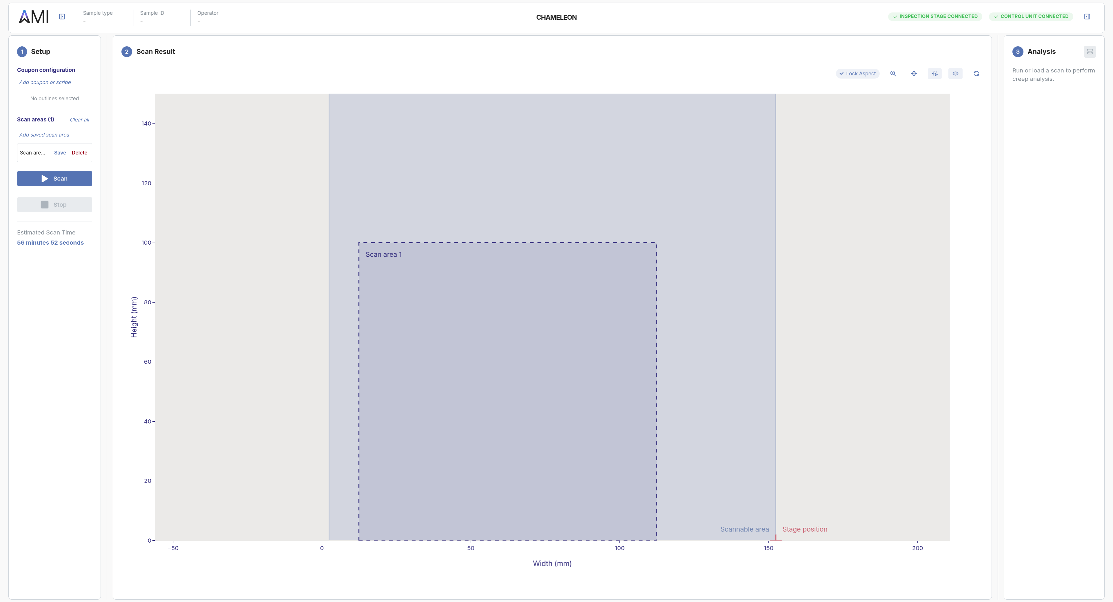 Scan pattern editor in the AMI app: dashed scan area drawn on the Scan Result canvas