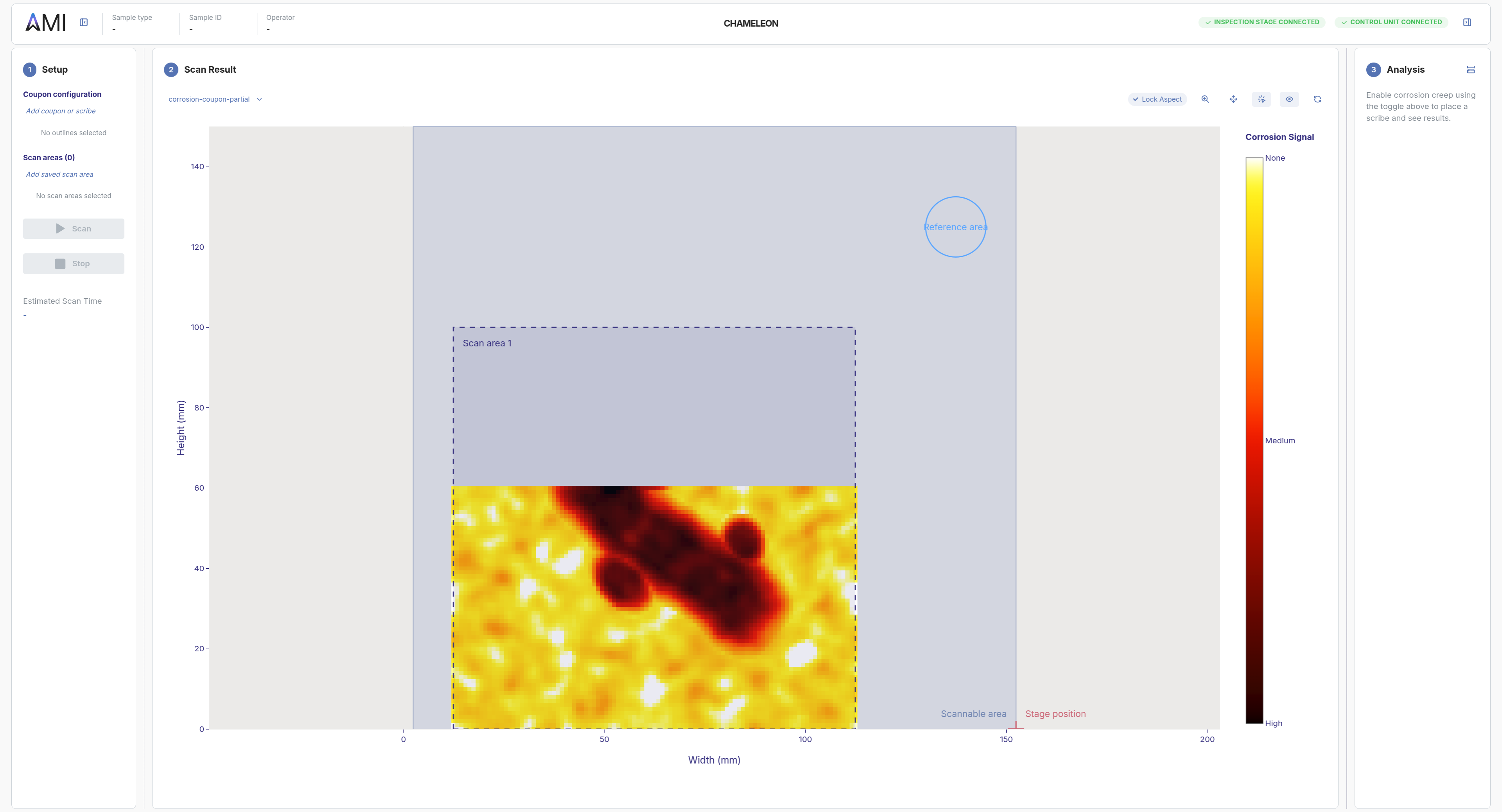 AMI app showing live scan progress: heatmap filling in over the configured scan area
