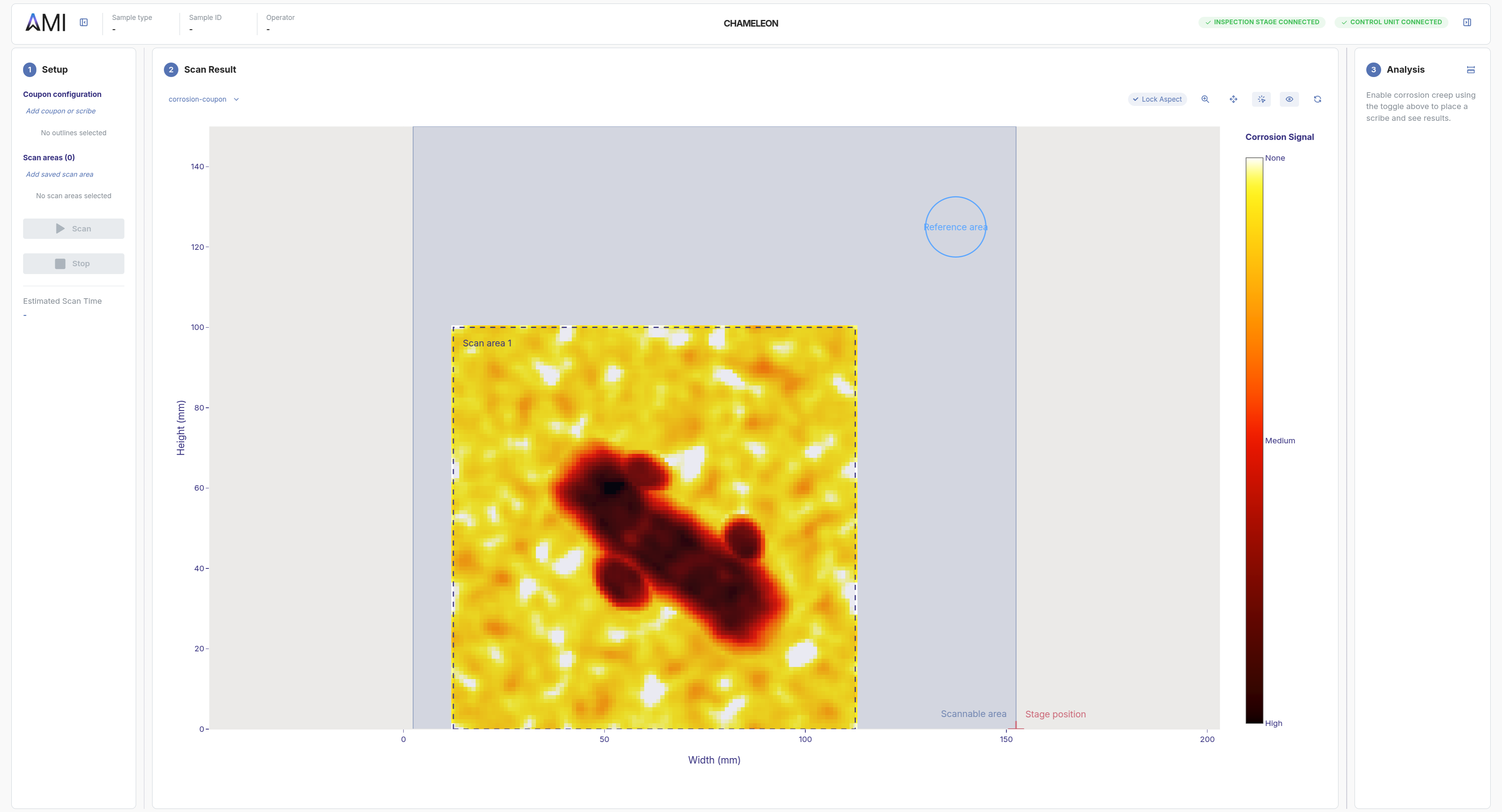 The AMI app showing a completed corrosion scan with the Setup, Scan Result, and Analysis panels visible