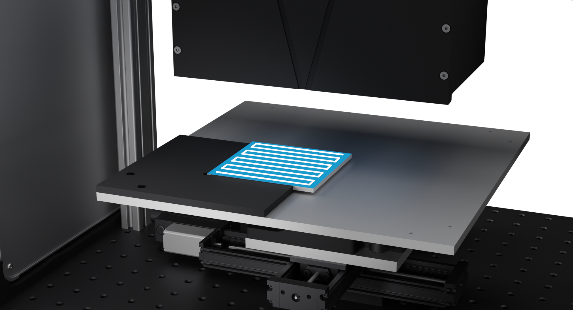 Chameleon system mid-scan: stage offset from home, sensor positioned over the sample
