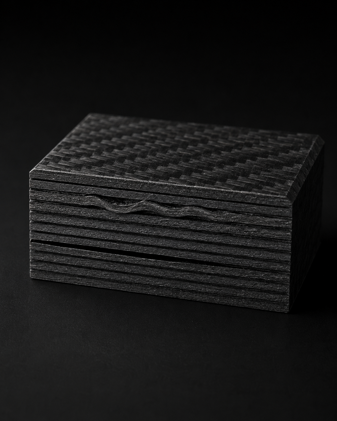 Carbon-fibre composite block with the woven surface visible on top and the stacked laminate plies visible at the edge.
